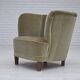 1970s, Danish armchair, original green furniture velour, oak wood.