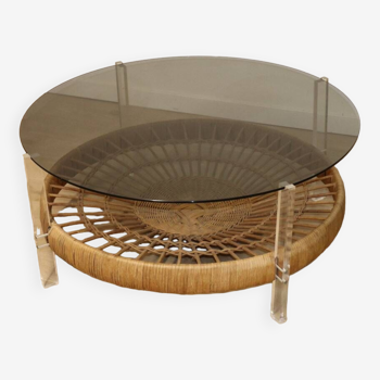 Vintage coffee table in glass, rattan and lucite 70s