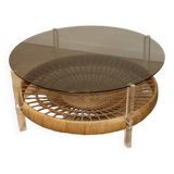 Table basse vintage en verre, rotin et lucite années 70