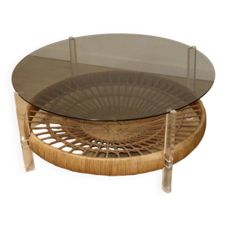 Vintage coffee table in glass, rattan and lucite 70s