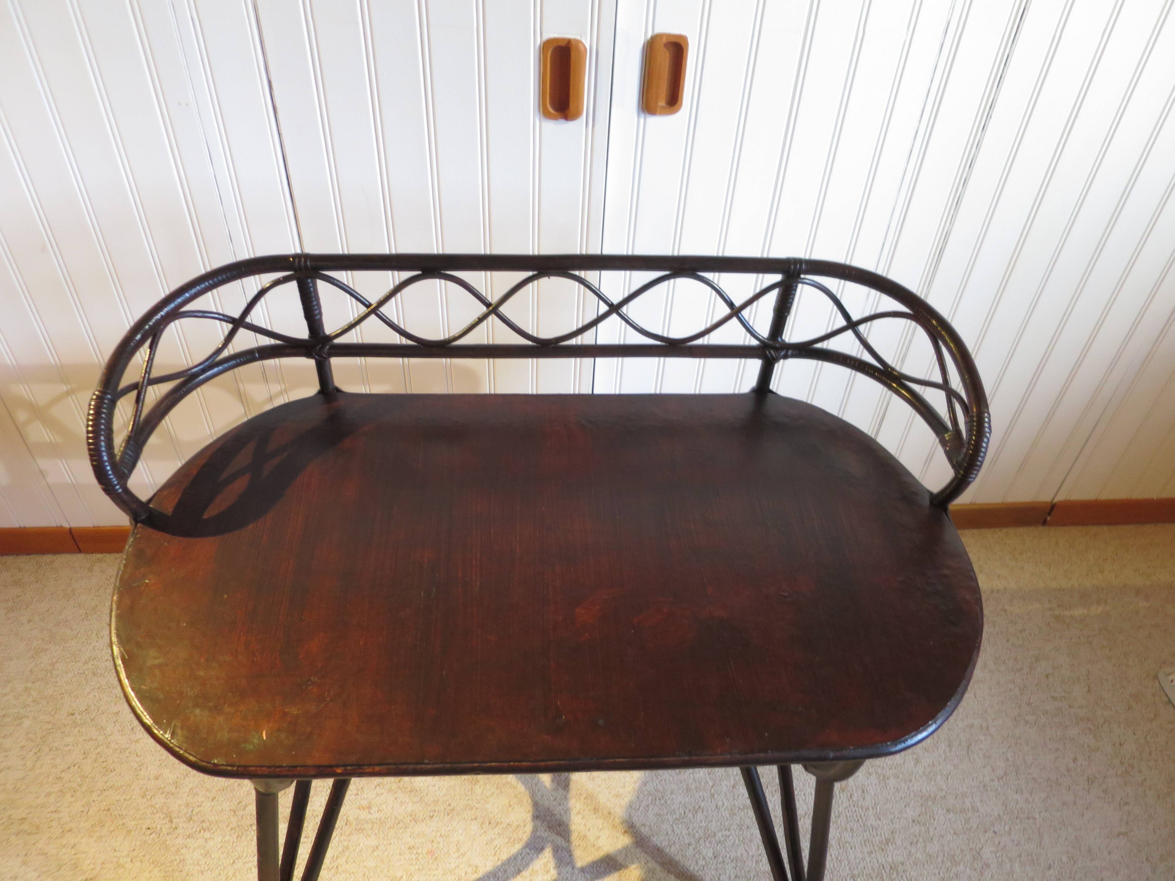 Vintage children's desk console bamboo rattan curved wood Thonet style 80s dark mahogany