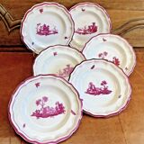 6 anciennes assiettes creuses à soupe Gien paysage rose 1938/1960