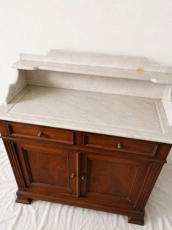 Meuble ancien en bois, marbre blanc–coiffeuse, console, meuble toilett
