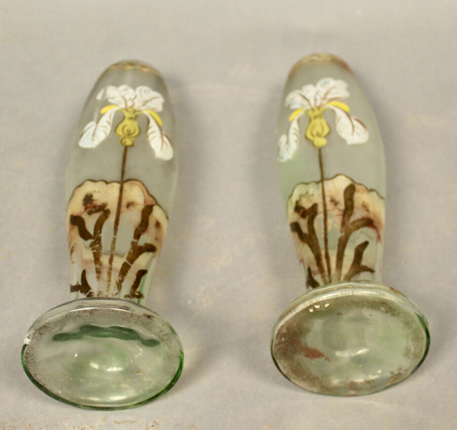 Pair of glass vases with iris enamelled decor