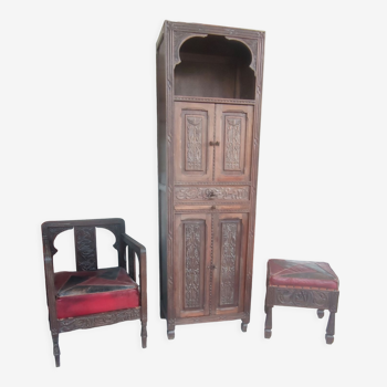 Ensemble 3 pièces meuble, fauteuil et pouf bois sculpté
