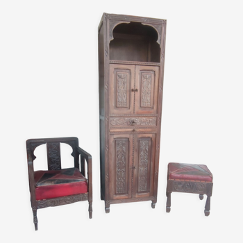 Set 3 pieces furniture, armchair and carved wooden stool