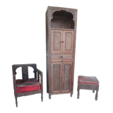 Set 3 pieces furniture, armchair and carved wooden stool