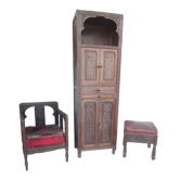 Ensemble 3 pièces meuble, fauteuil et pouf bois sculpté