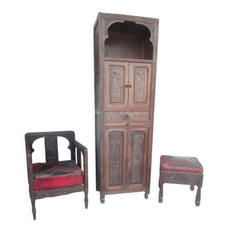 Set 3 pieces furniture, armchair and carved wooden stool