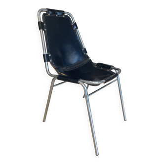 Chaise Dal Vera "Les Arcs", cuir noir et alu chromé, années 70