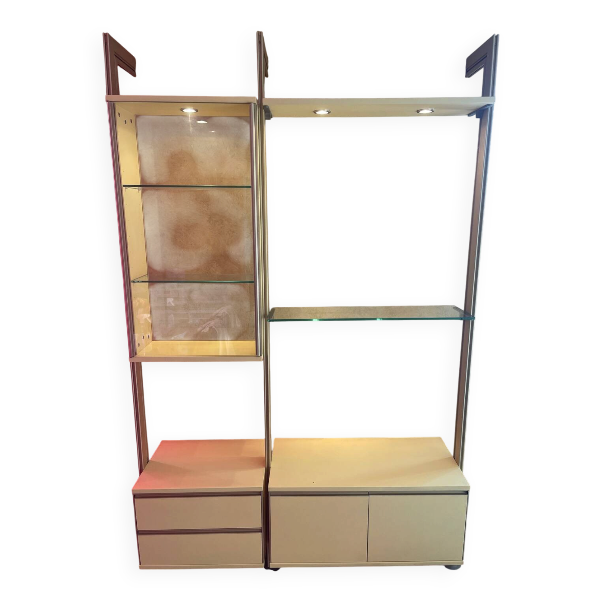 Library, vintage glass and gold aluminium display case, 1980s.