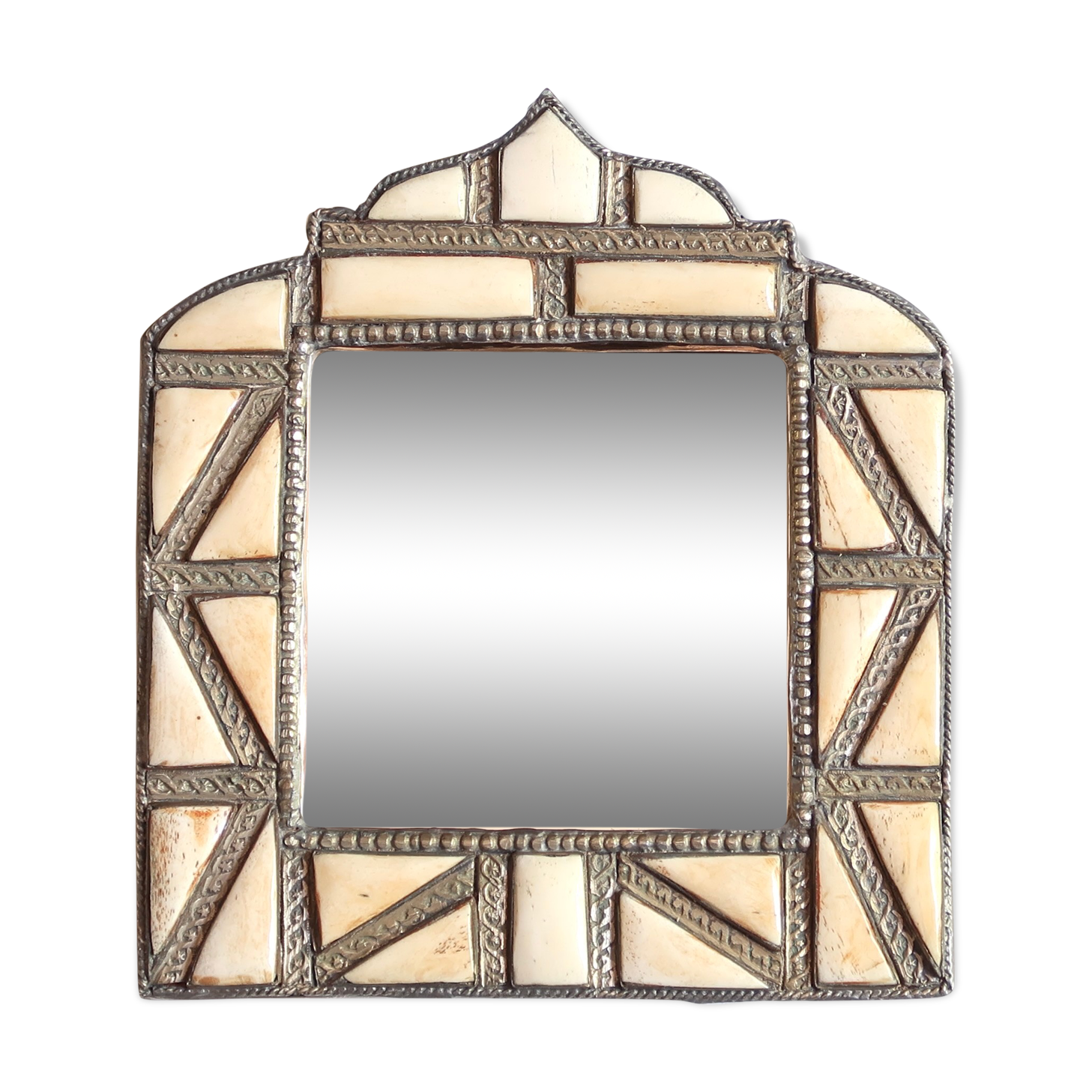 Moroccan brass mirror with bone inlays, 70s