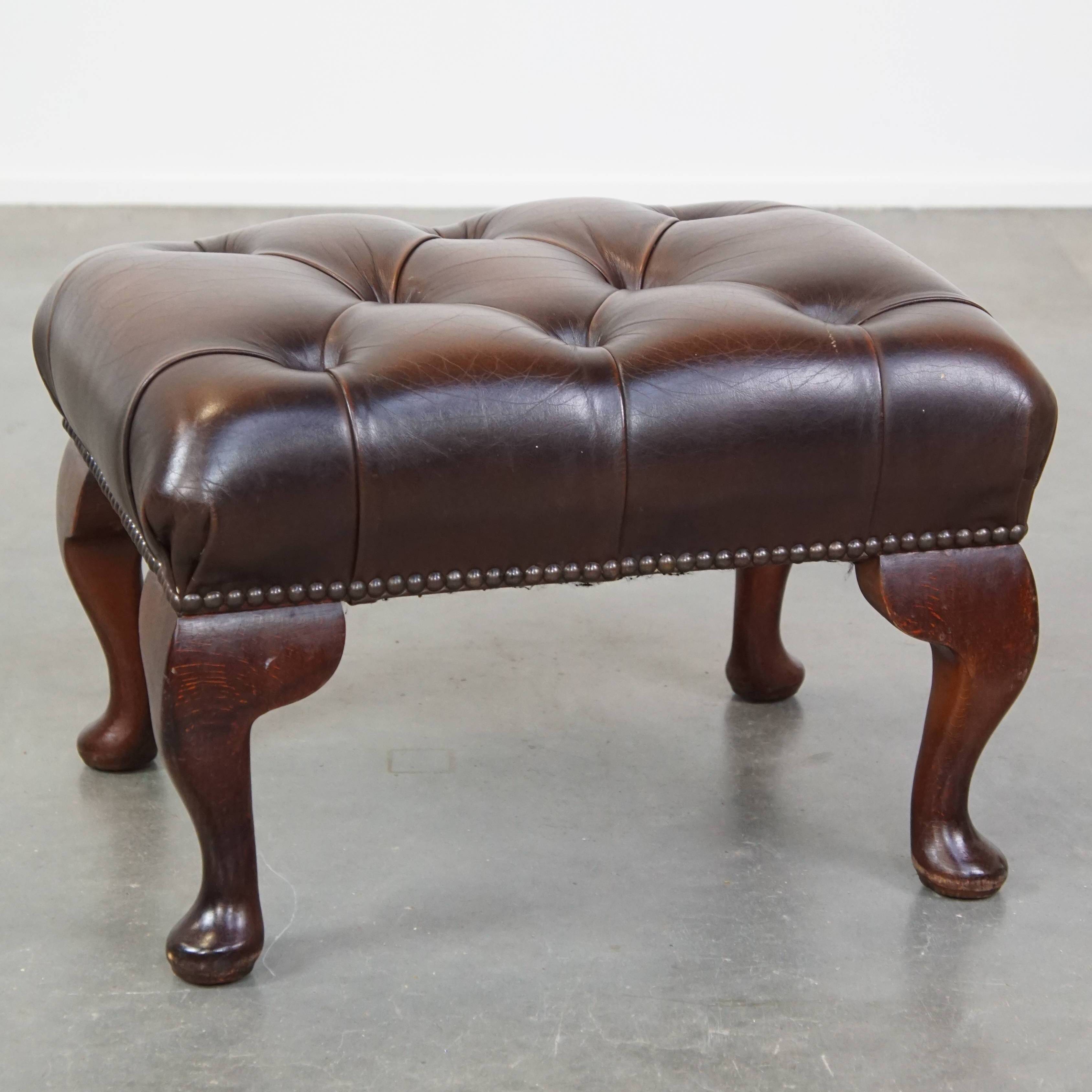 Dark brown cowhide leather Chesterfield ottoman