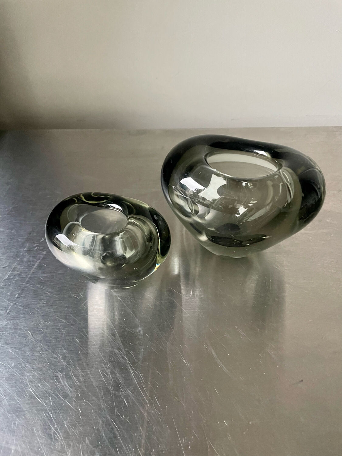 Set of 2 heart shaped Holmegaard crystal vases by Per Lutken