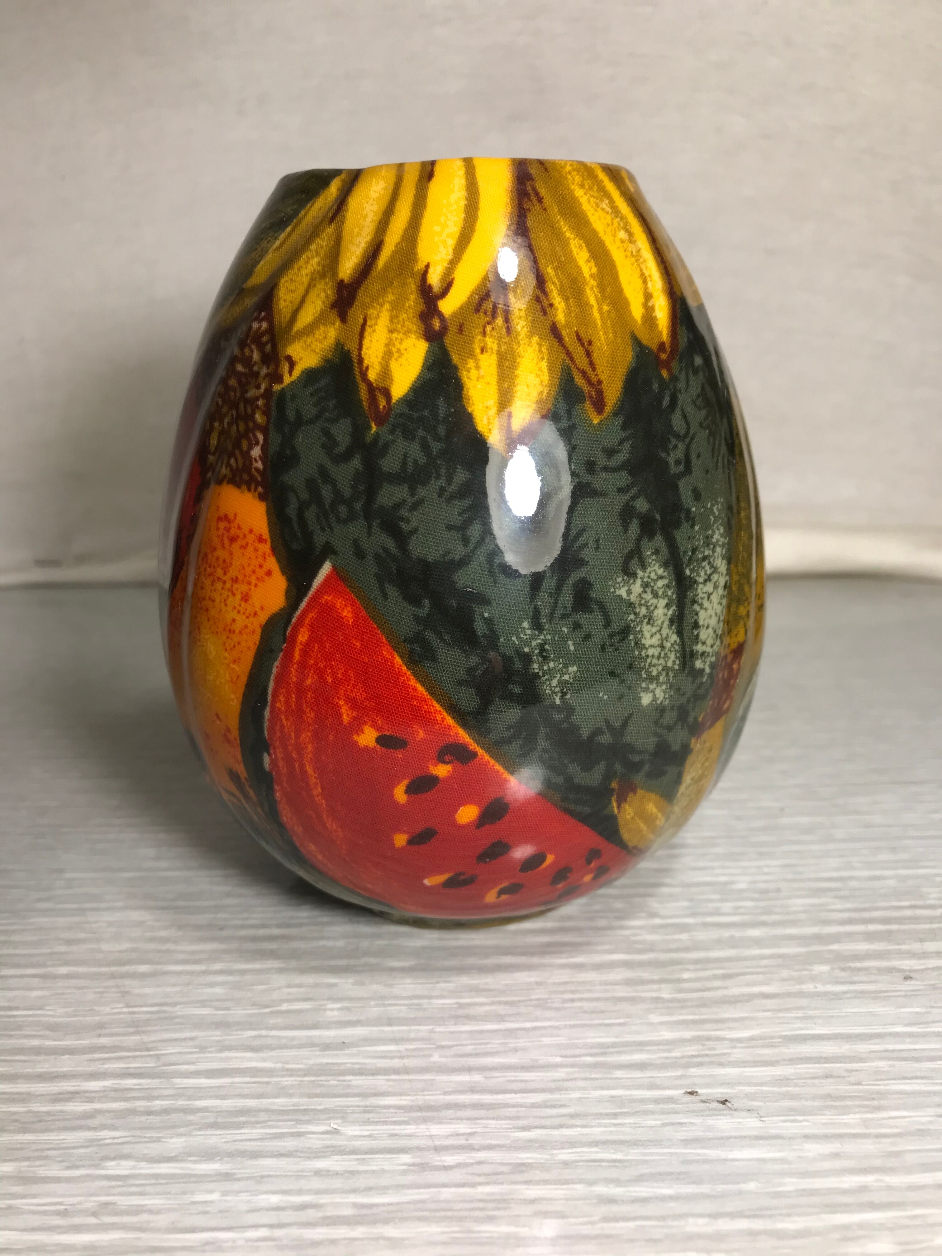 Old ceramic ball vase enamelled drawing fruits interior white vintage