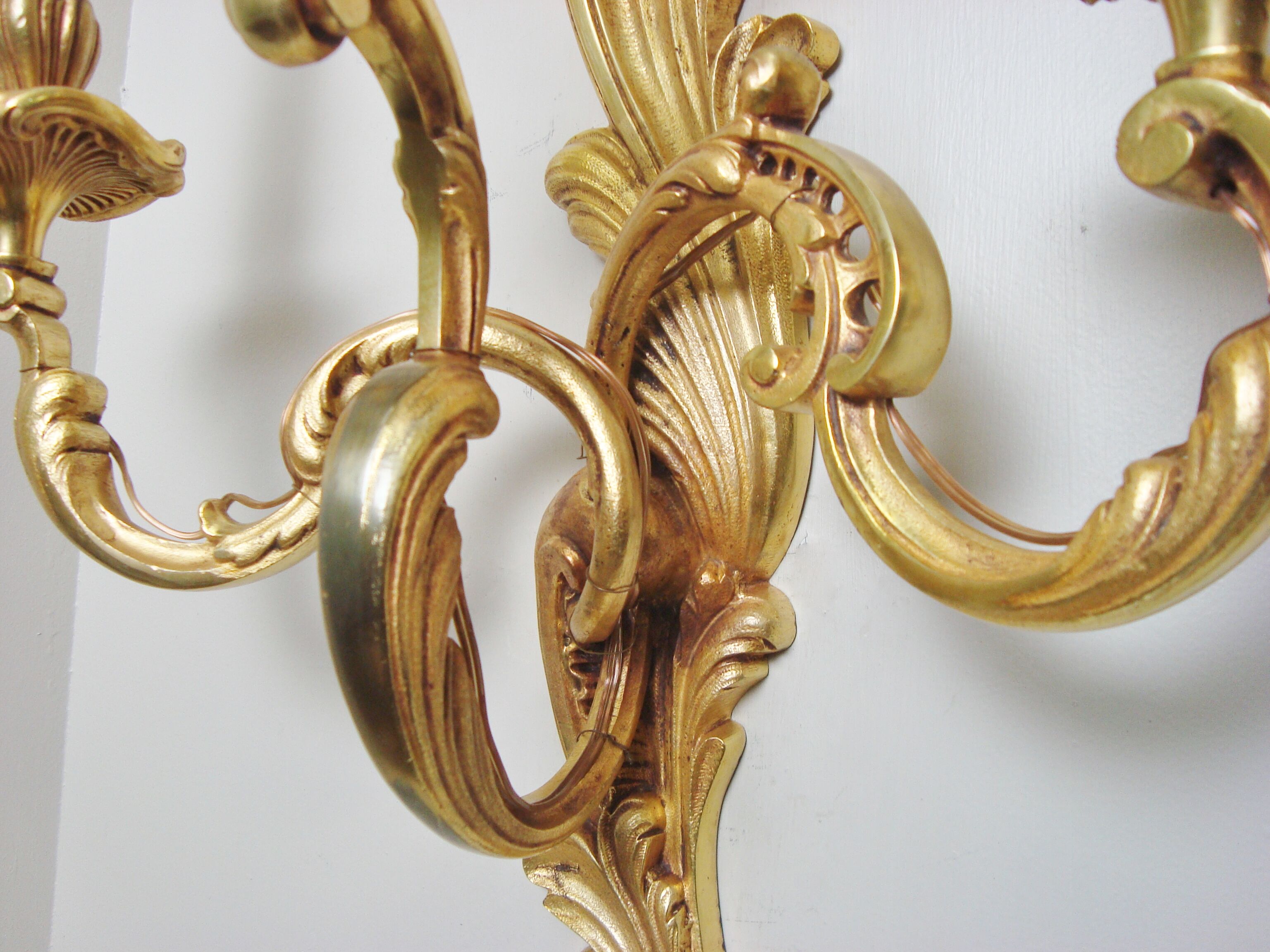 Pair of Lucien Gau bronze wall lamps with three arms Rockery style