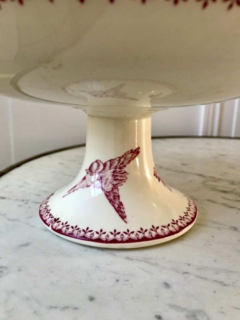 Compotier high in Terre de Fer Longwy model "Mésange" pink 1880 - XIXth