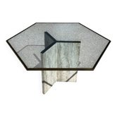 Dining table in travertine, glass top and brass (c.1980)