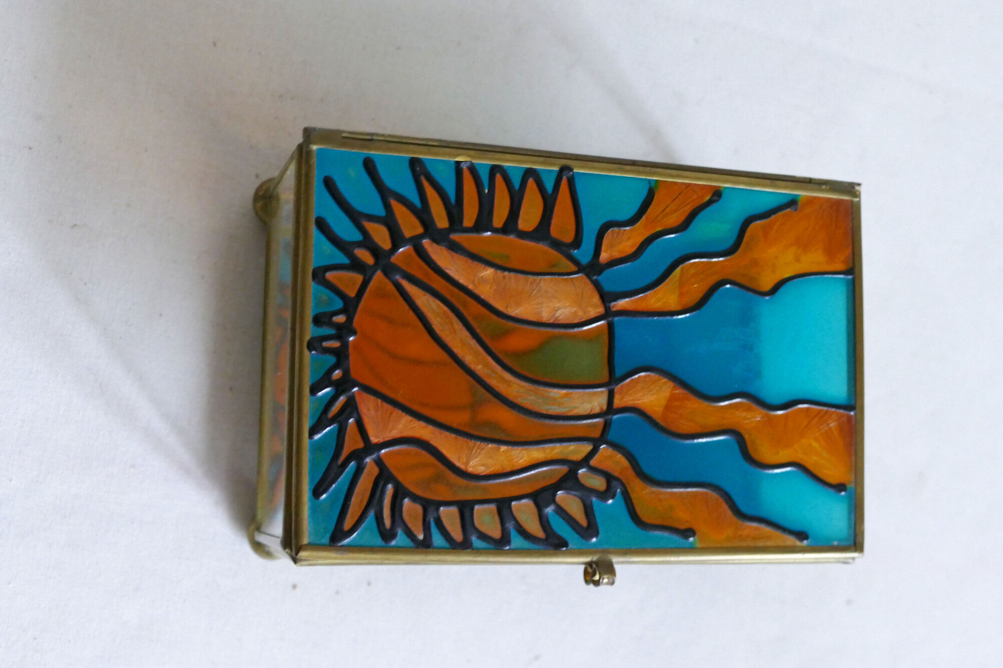Blue and orange vintage jewellery box in 70s bohemian chic stained glass