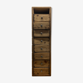 Meuble 8 tiroirs colonne layette bois pin bouton lentille fer pharmacie couture