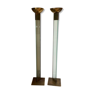 Paire de grands lampadaires en verre et laiton années 70