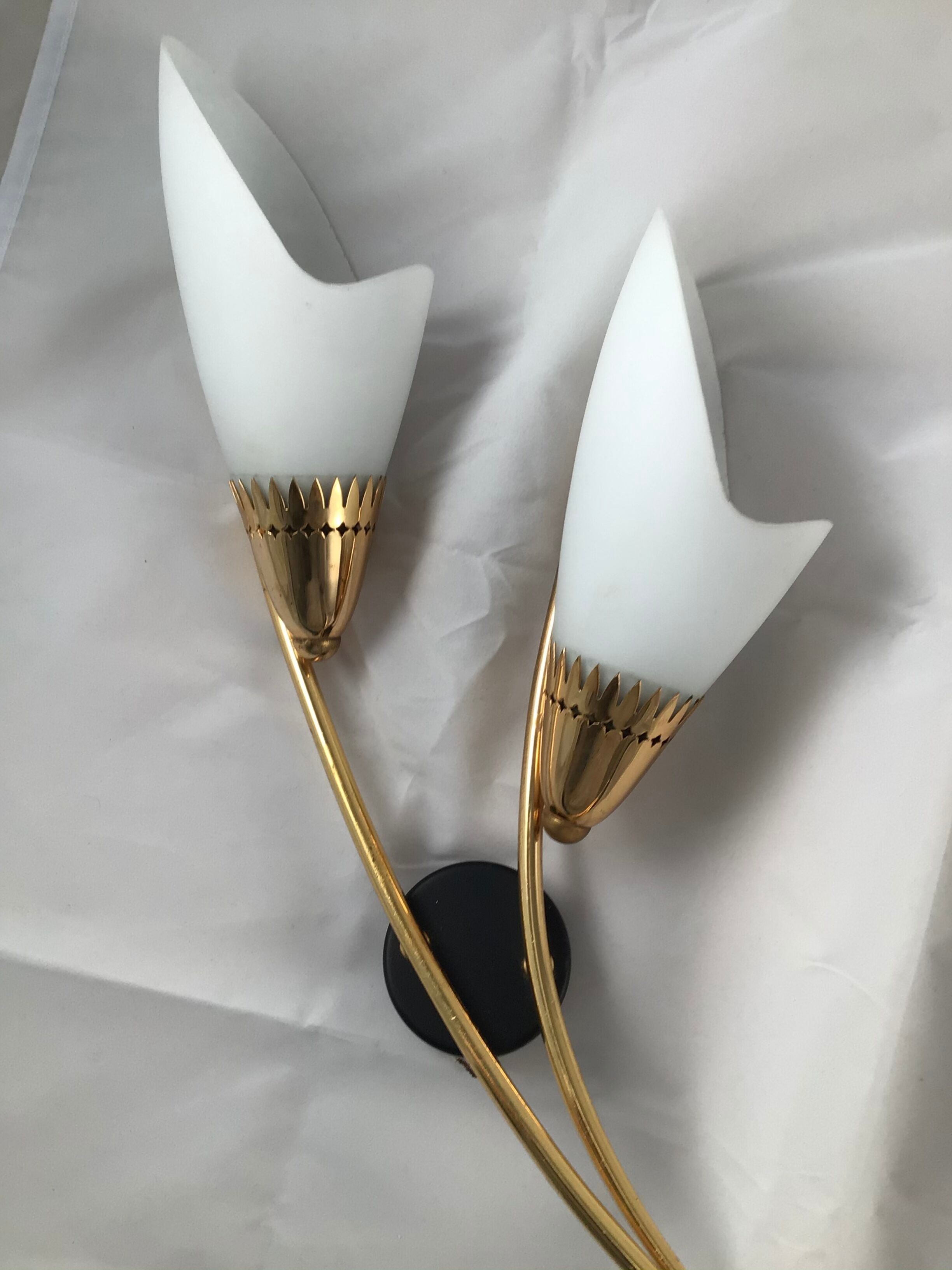 Pair of 60's gilded appliques 2 white conical lights