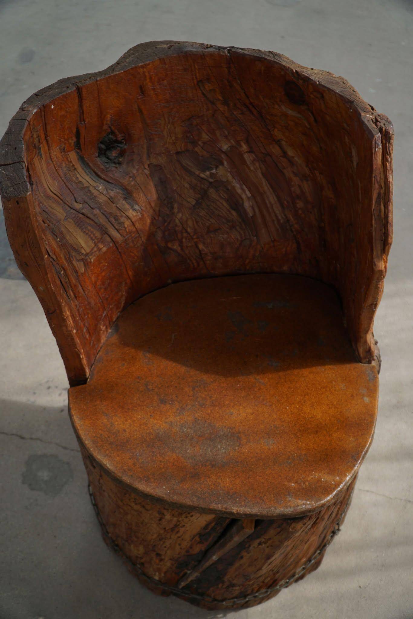 Chair made from hand-carved pine with storage, modern Swedish style, wabi-sabi, 1900s.