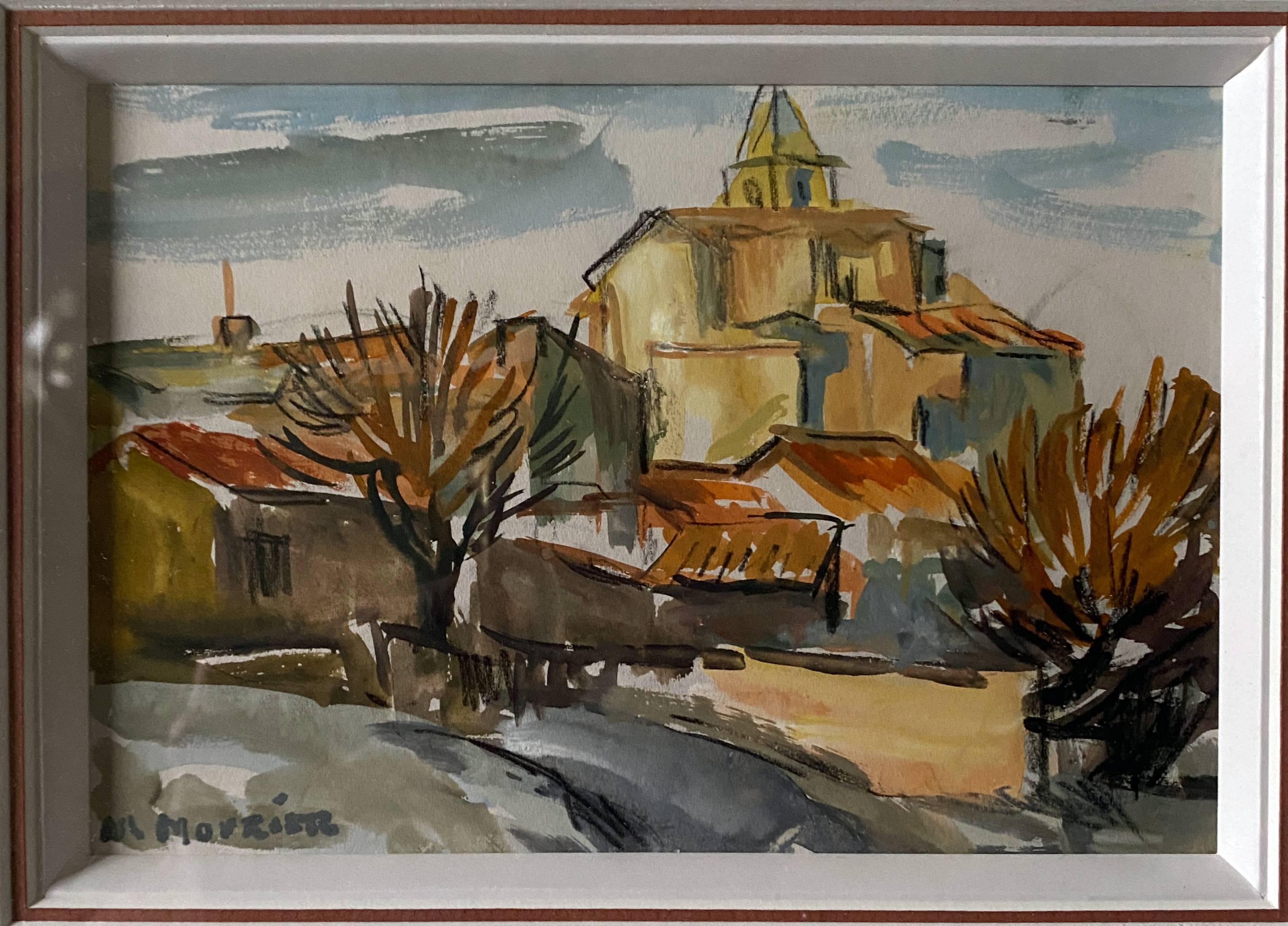 Watercolor Painting MOURIER Marguerite (1910-1987) "the village church" + frame