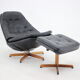 Madsen and Schubell Black Leather Reclining Chair and Stool, Denmark 1960
