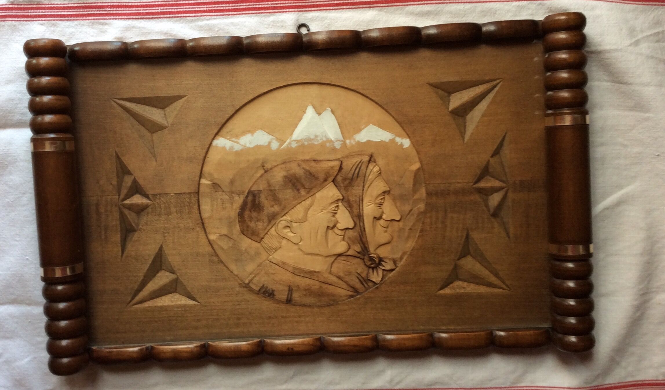 Old carved solid wood top, with glass plate - 50s