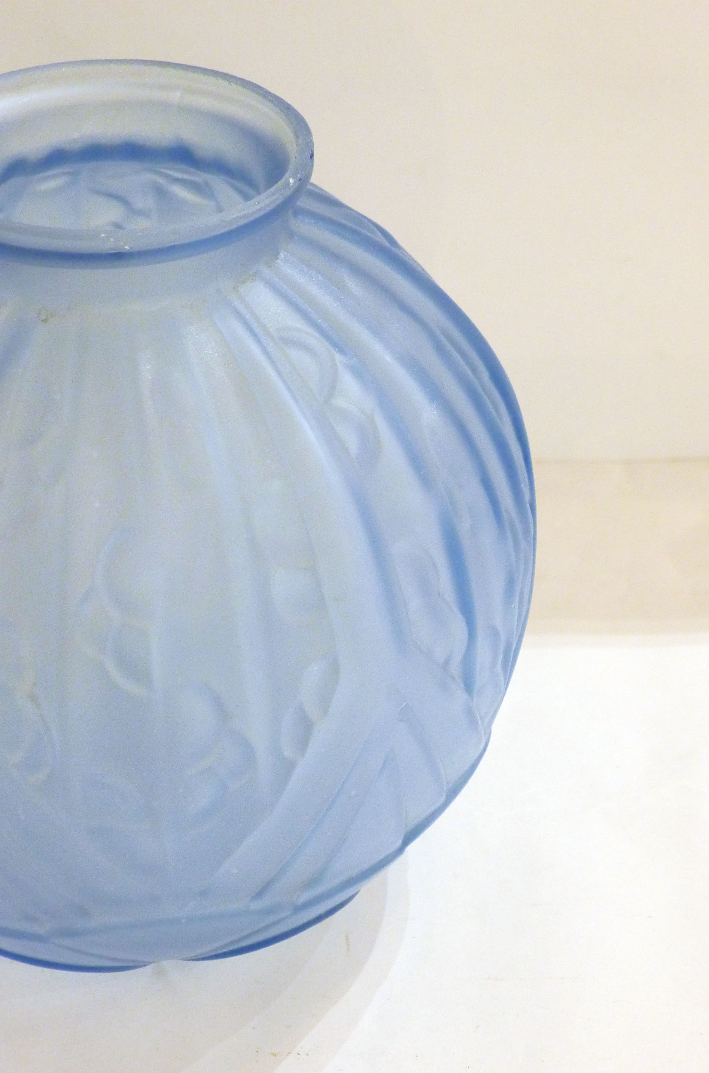 Art Deco ball vase, frosted blue glass