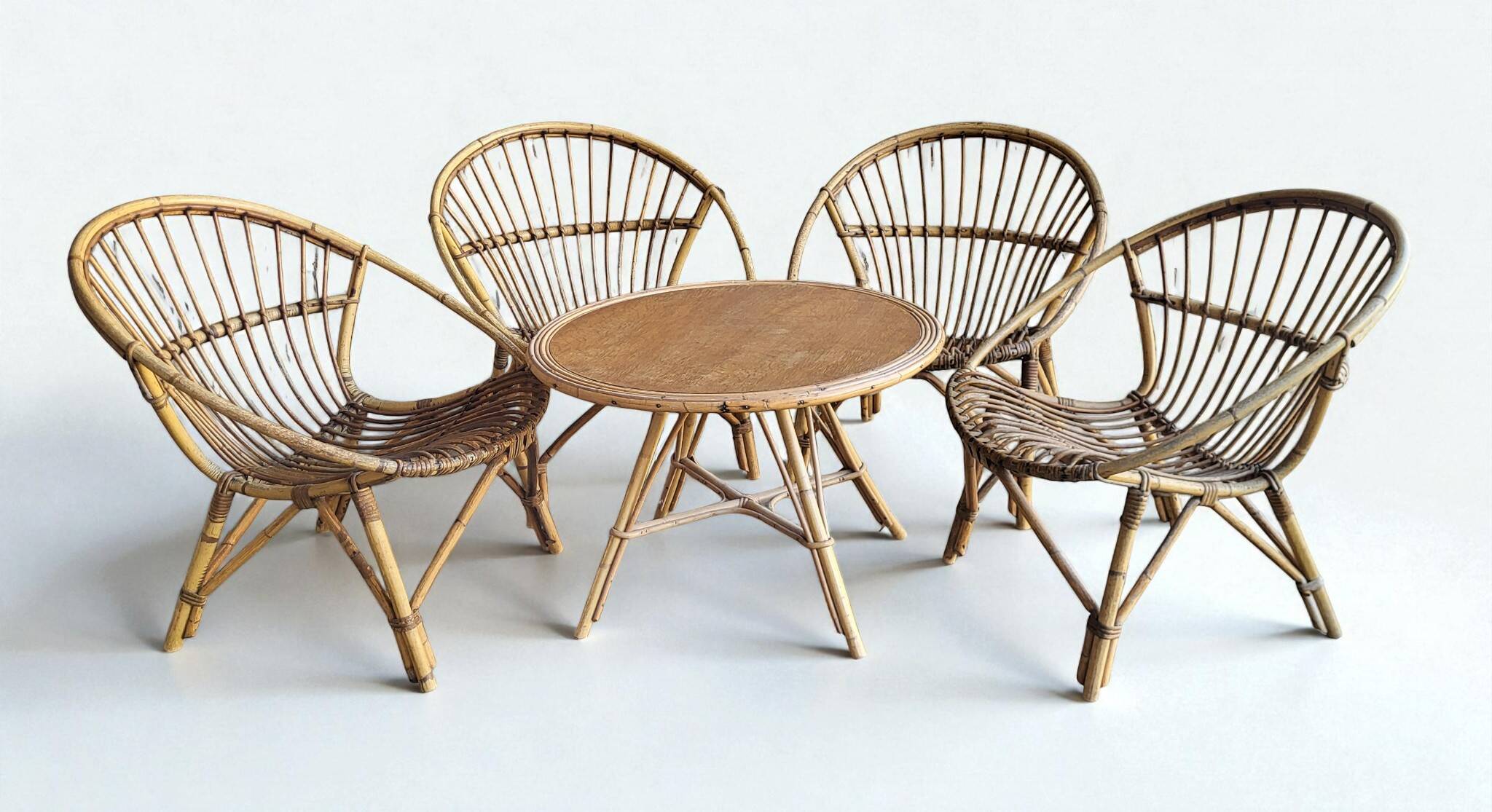 1960s rattan lounge, armchairs and table