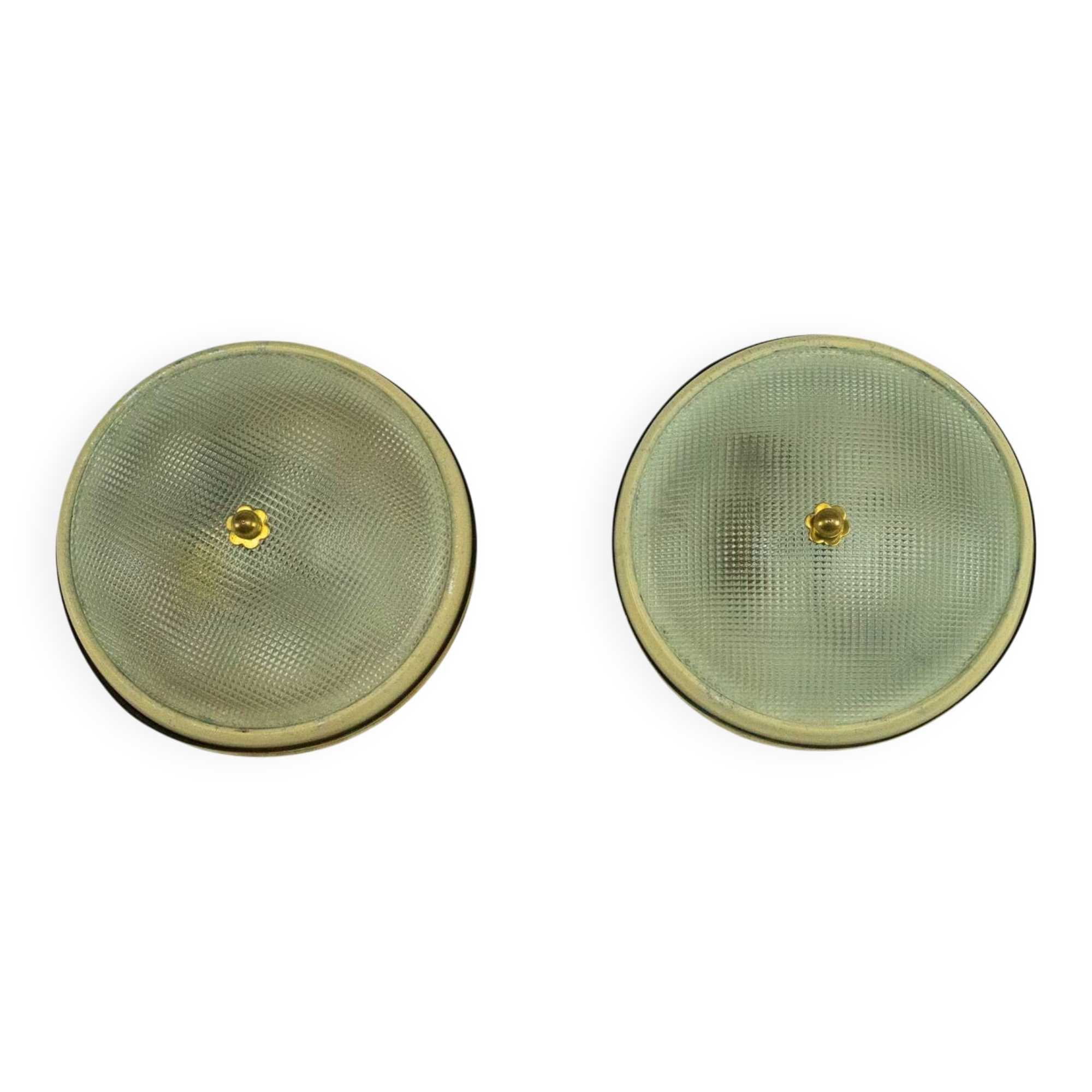 Lumi Milano, pair of wall or ceiling lamps in glass, brass and lacquer, 50s