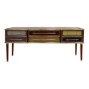 Italain Sideboard Made Of Solid Wood And Covered With Colored Glass 1950S