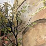 Watercolor vintage village view