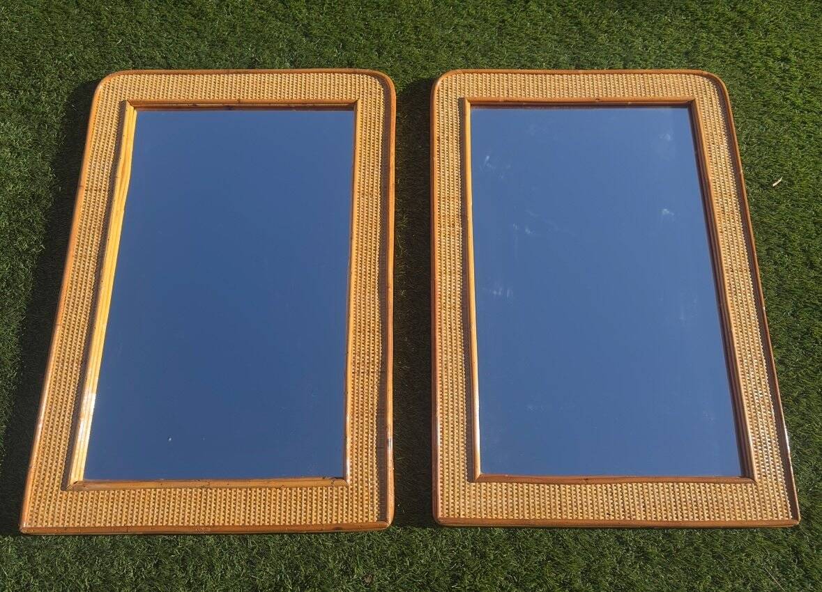 Bamboo and woven wicker mirrors in the style of Dior, 1960s-70s. Set of 2.