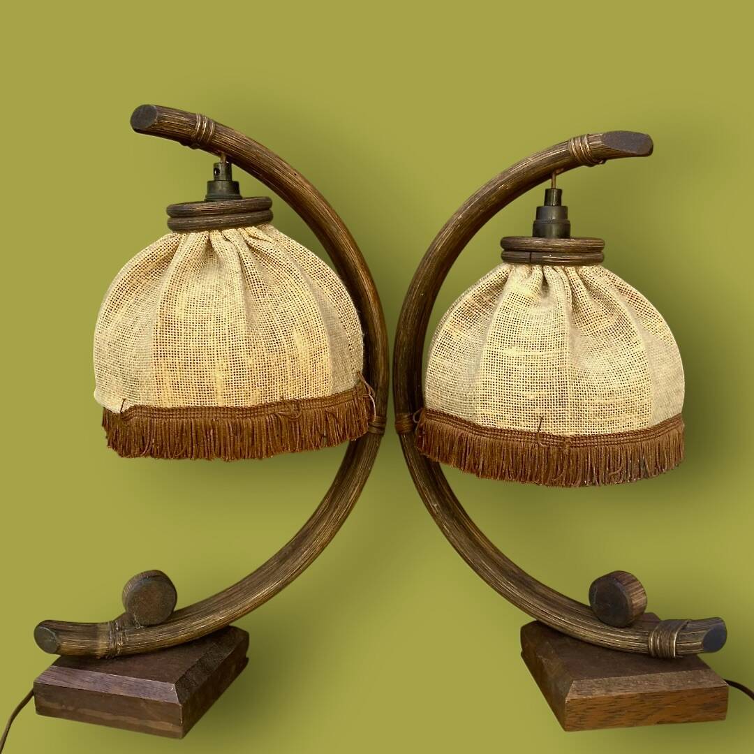 Pair of bamboo and jute bedside lamps, 1970s