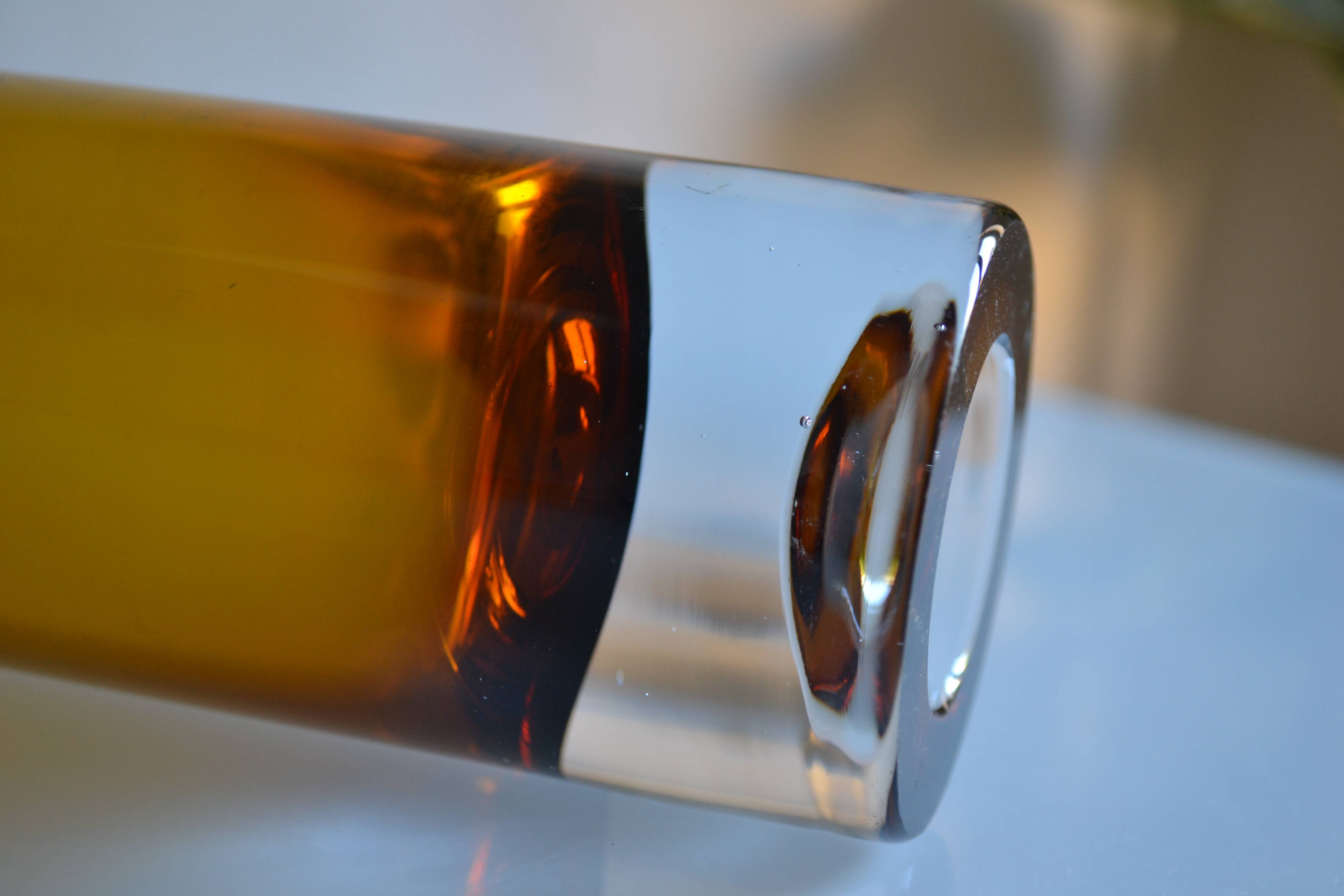 Vintage 70s 1970s roll vase, two-tone amber blown glass