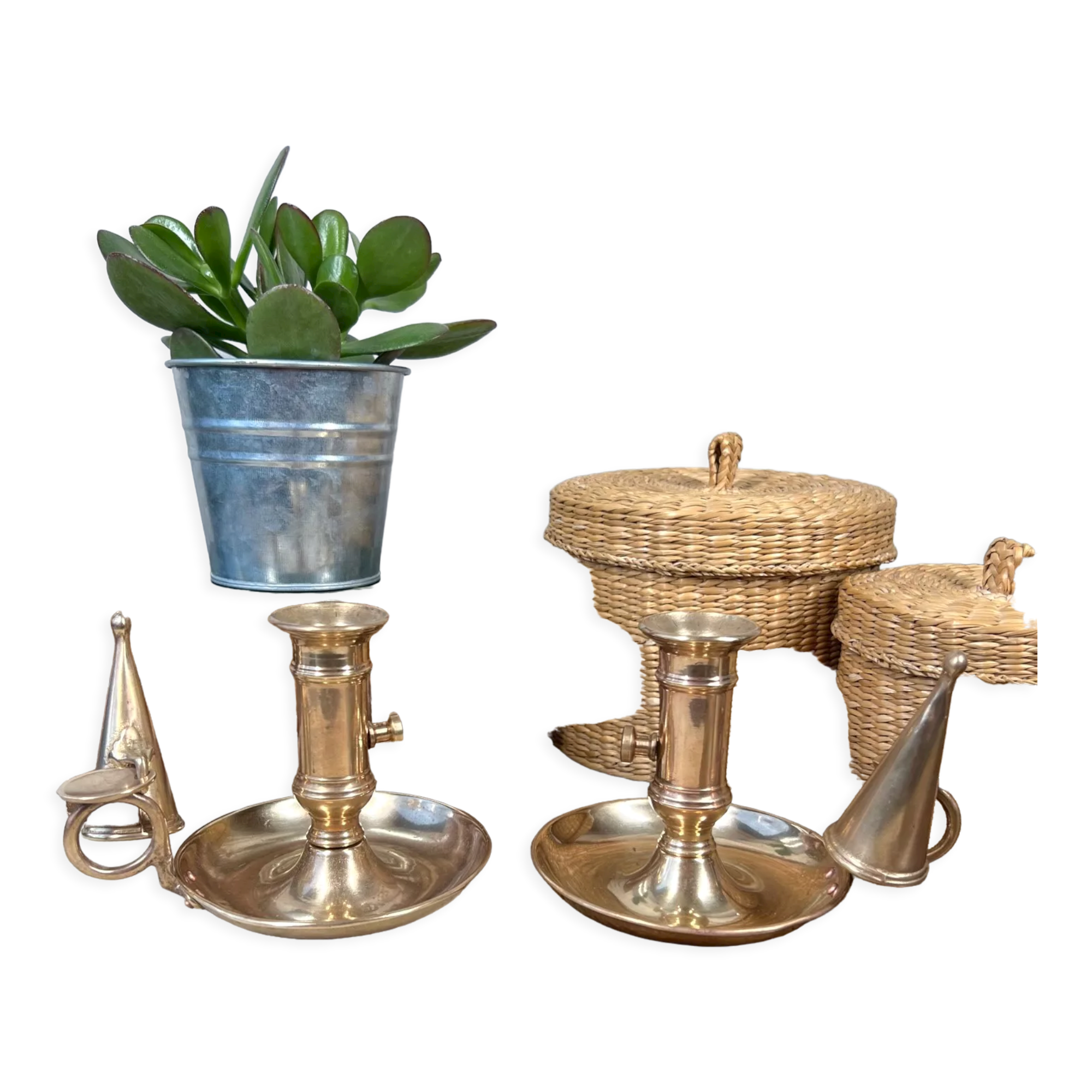 Duo of brass cellar rat candlesticks with extinguisher