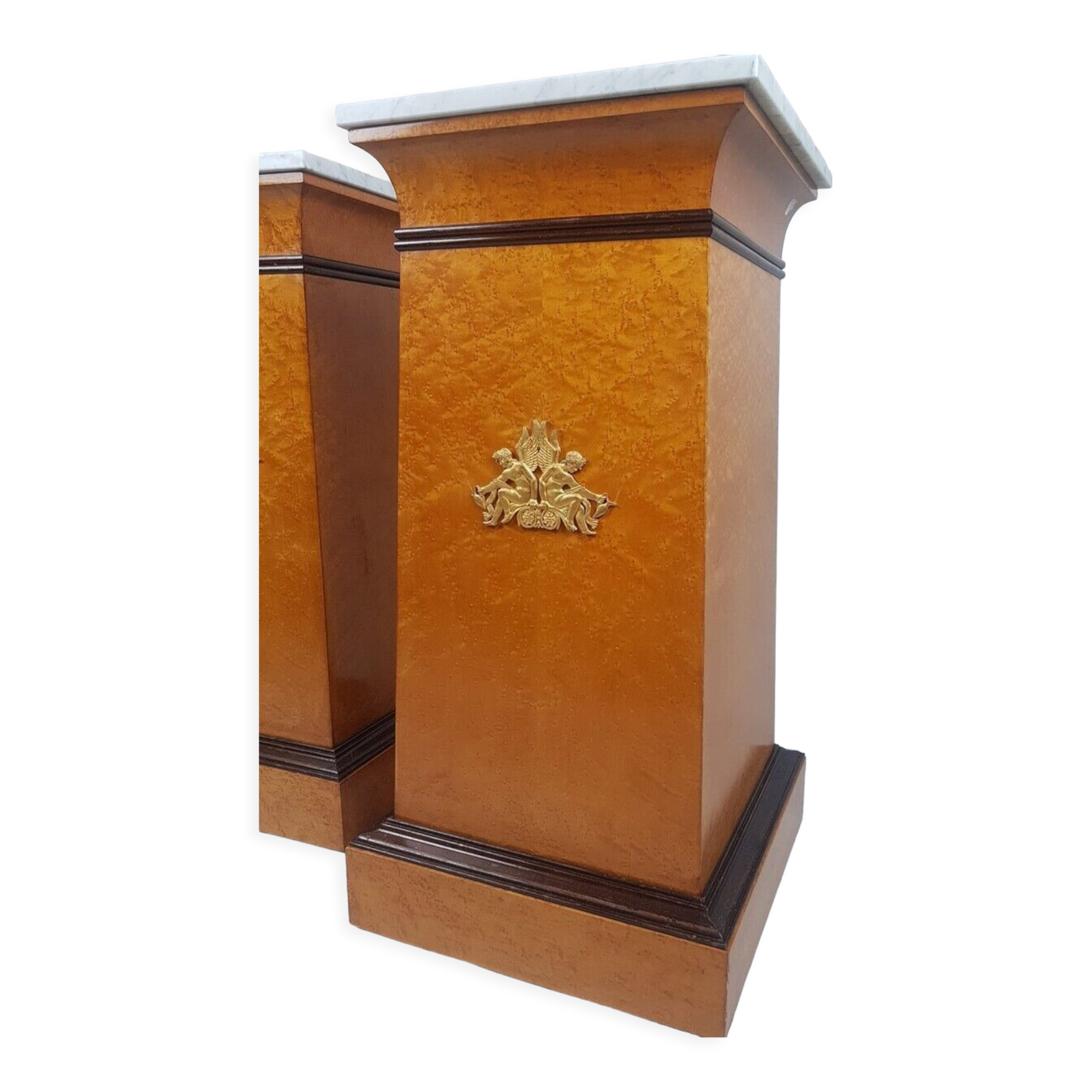 Pair of empire style columns - cedar burl plating - brass and marble