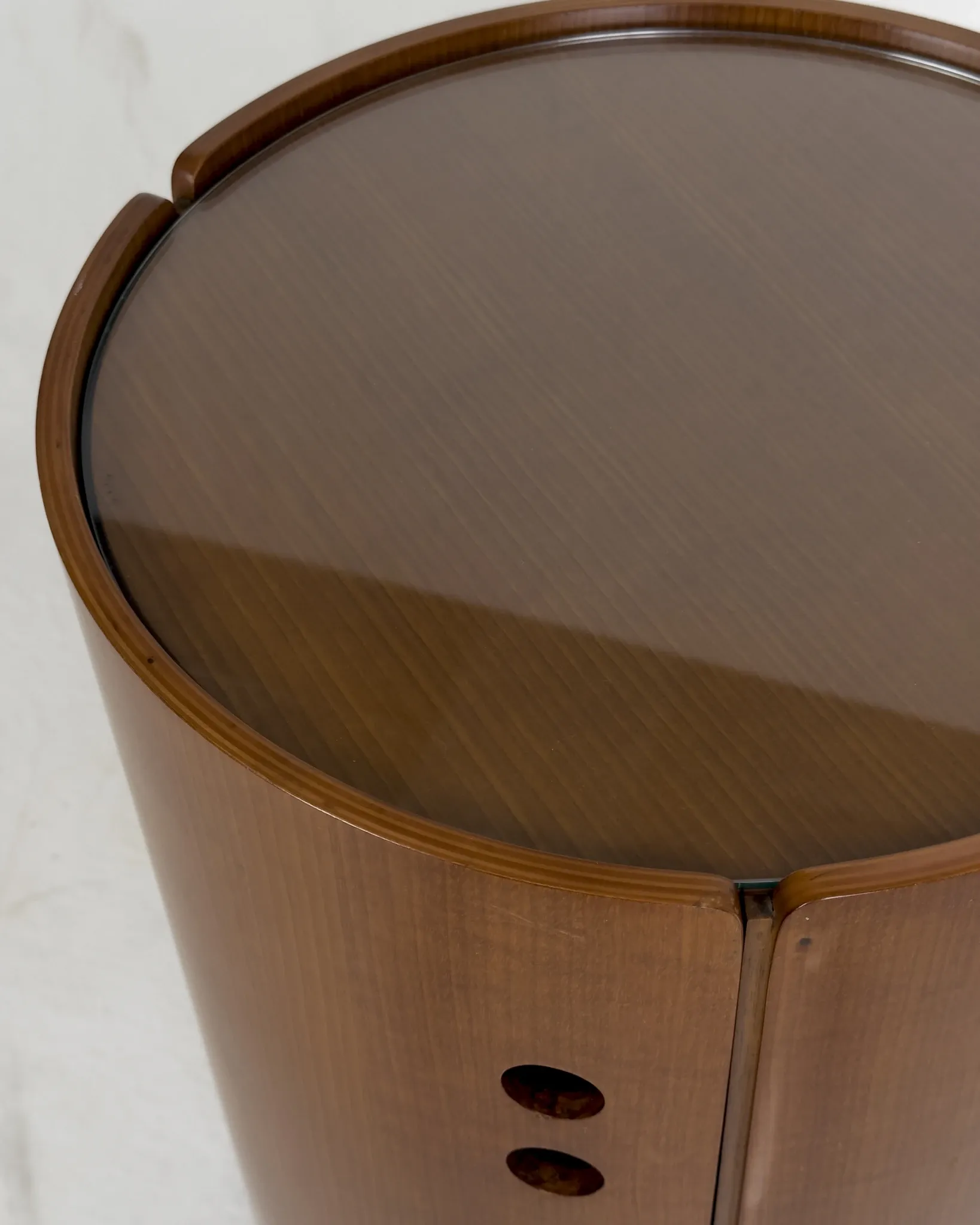 Round wood bar cabinet with glass top, Italy 1960s