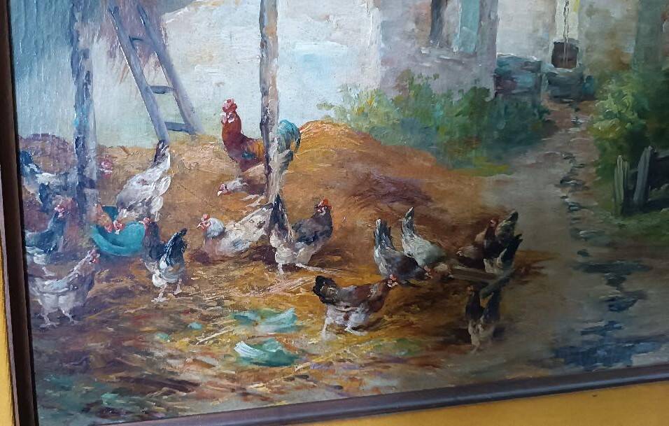 Oil painting on canvas Edmond Van Coppenolle (1846-1914) Landscape with chickens