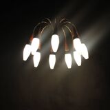 1960s Rupert Nikoll Brass and Teak Opaline Glass Chandelier ,Austria