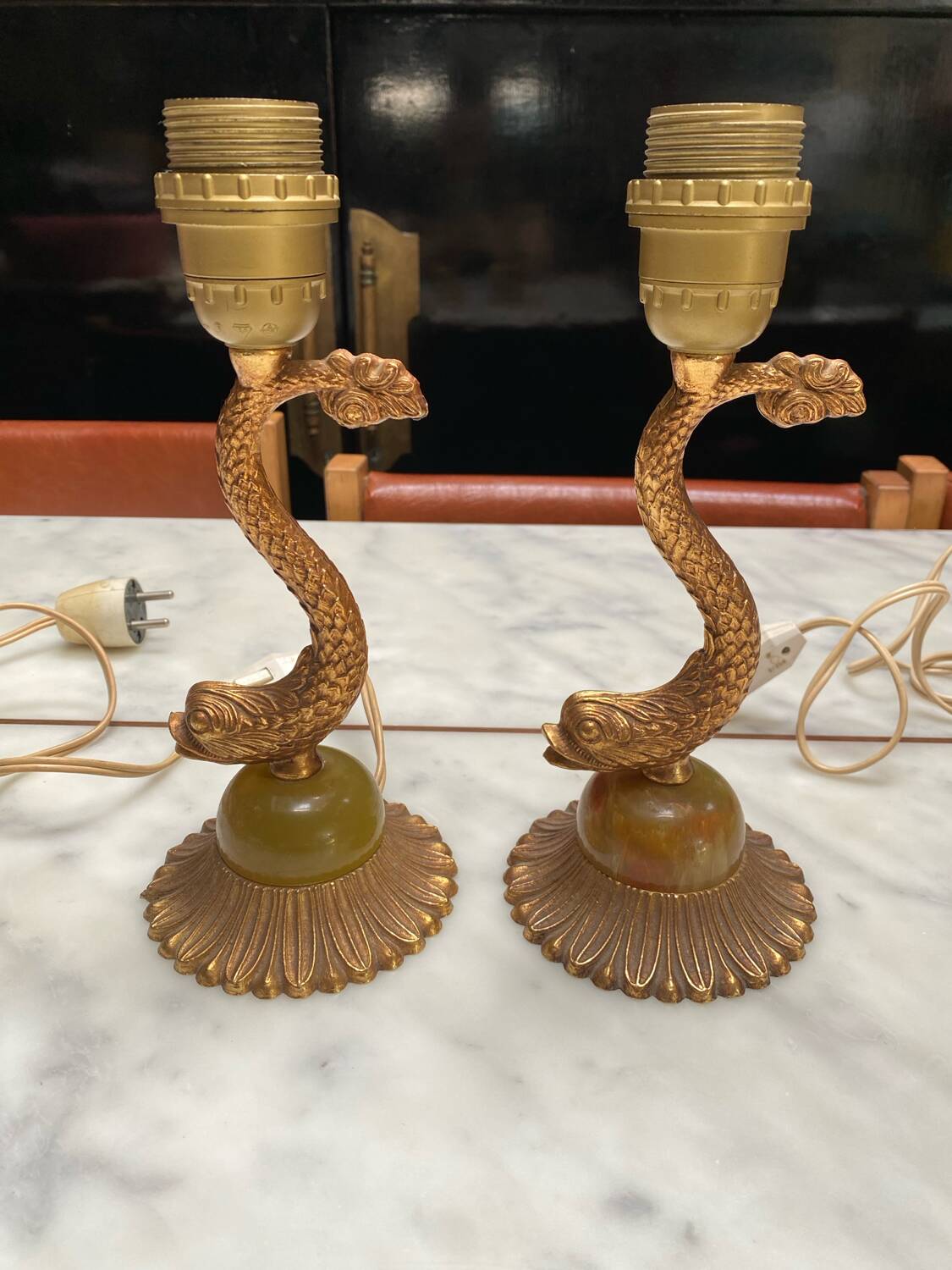 Pair of golden brass fish lamps