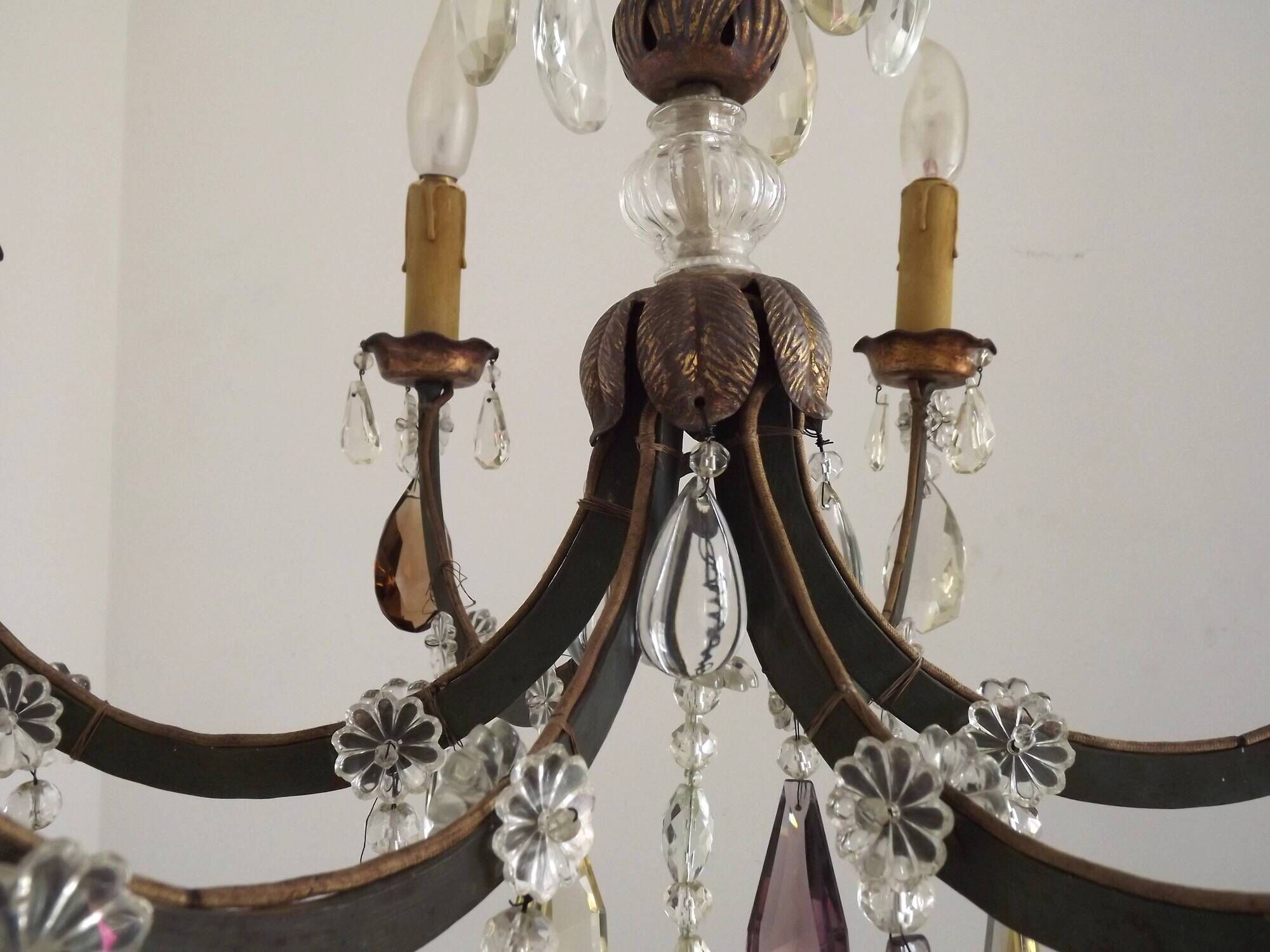 French Art Deco 6-Light Green Finish Bronze Crystal & Glass Chandelier 5343