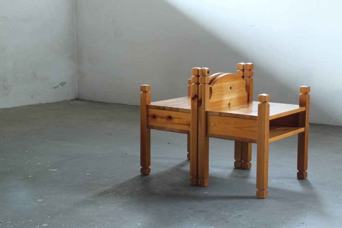 Pair of vintage chunky solid pine bedside tables, Denmark, 1970s