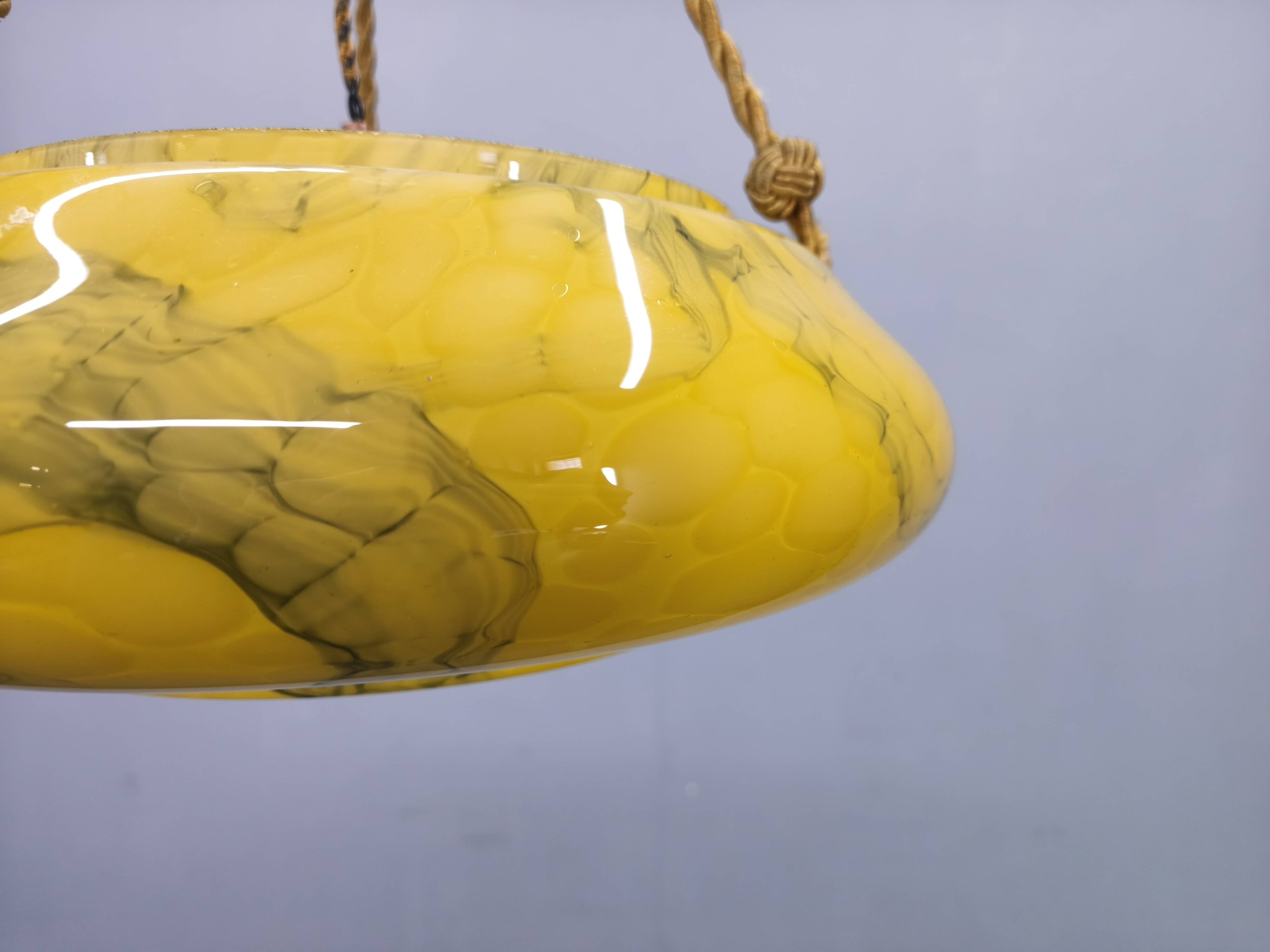 Art Deco Pendant Light, Marbled Glass and Brass, 1930s