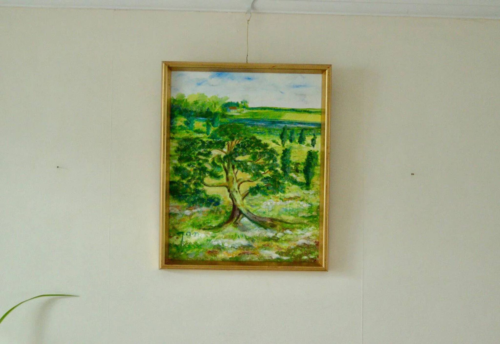 Huile sur panneau vintage originale – « Arbre sur paysage » Jan