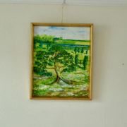 Huile sur panneau vintage originale – « Arbre sur paysage » Jan