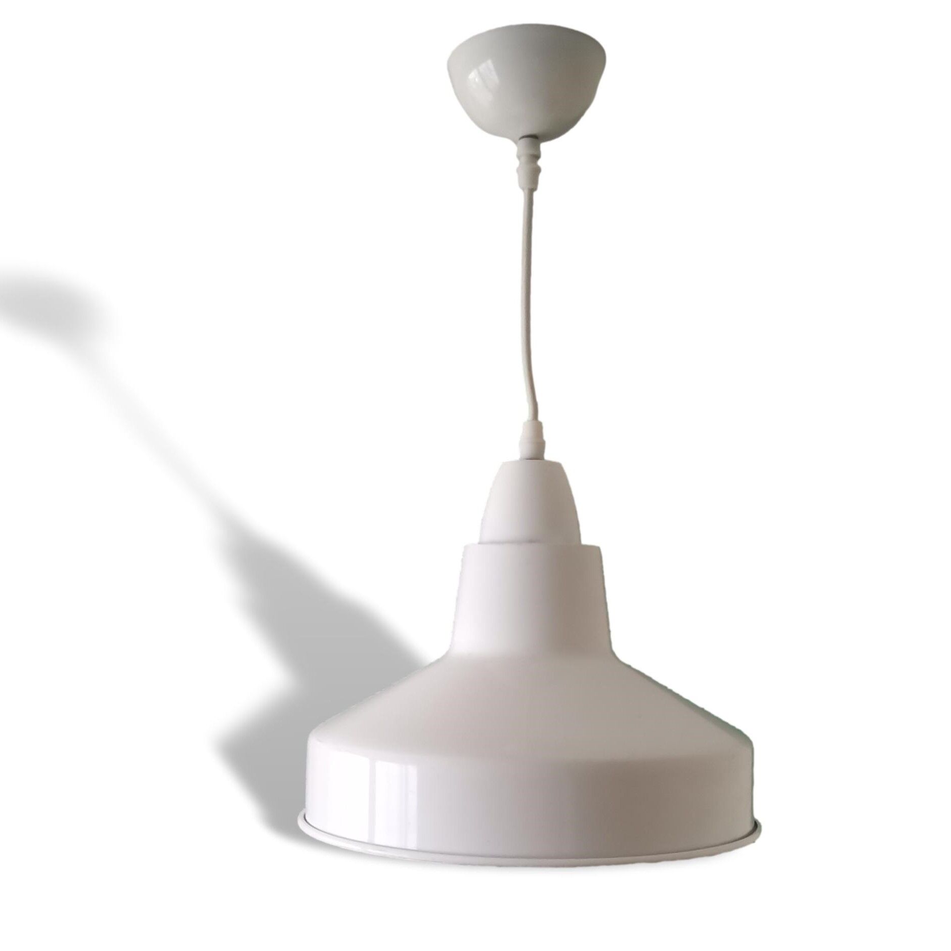 Scandinavian Industrial glossy white aluminium hanging lamp 1980s